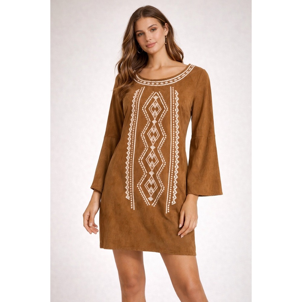 Jealous Tomato Brown Faux Suede Embroidered Bell Sleeve Boho Mini Dress JD3666 S